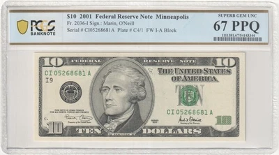 2001 $10 Federal Reserve Note Fr-2036-I Minneapolis PCGS67 Superb Gem PPQ - Image 1 of 2
