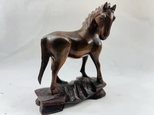 Antique chinese hand carved wooden horse with glass eyes-100/75 mm - Picture 1 of 10