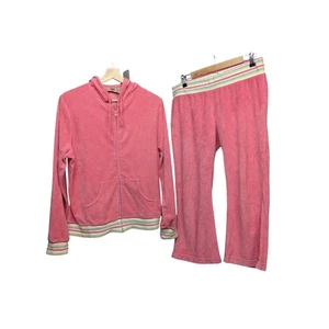 Vintage Y2K Route 66 L/XL Terrycloth Tracksuit Matching Sweat Set Coral Pink - Picture 1 of 10