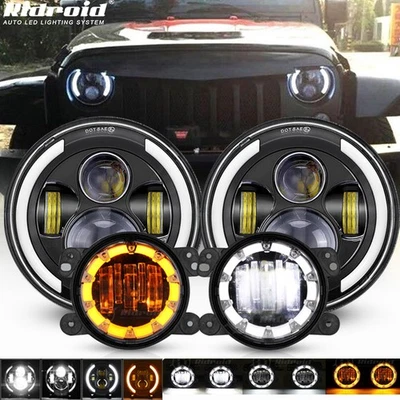 7 英寸光环 LED 车头灯 + 4 英寸雾灯适用于 1997 - 2018 年吉普牧马人 TJ JK — 第 1/4 张图片