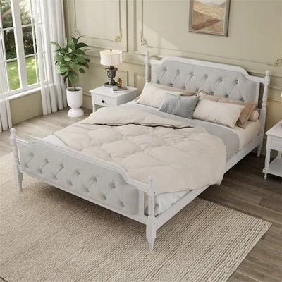 Cama de madera maciza estilo tradicional tamaño king con cabecero acolchado, blanco Foto 1 de 4