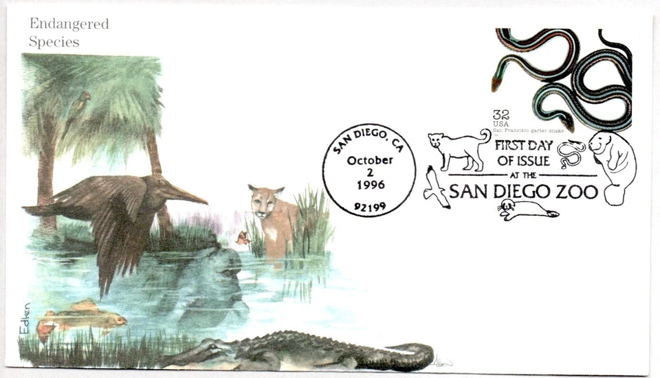 #3105k SAN FRANCISCO GARTER SNAKE ENDANGERED SPECIES STAMP, EDKEN ARTWORK FDC - Image 1 of 1