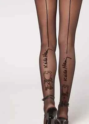 Medias Keith Haring x Calzedonia negras costura trasera corazones 30 denier transparentes XS-pequeñas Foto 1 de 4