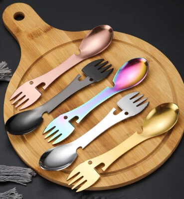 5 In 1 Stainless Steel Spork Spoon Fork Knife Camping Bottle Can Opener EDC Kit - Image 1 of 4