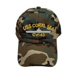100% COTTON GREEN CAMO CAMOUFLAGE USS CORAL SEA CV-43 BATTLESHIP CAP HAT - Picture 1 of 3
