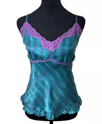 Vintage Y2K Candies Camisole Tank Top Sz L Blue Purple Lace Hearts Babydoll Bow - Image 1 of 4