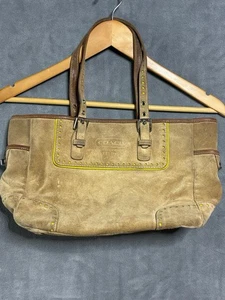 WOMENS COACH Beige Suede Green Interior HANDBAG Brown TRIM Needs Cleaning - Picture 1 of 15