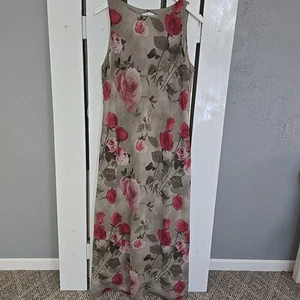 Dressbarn Floral Rose Green Pink Crinkled Sleeveless Maxi Dress 16 Retro 90s - Afbeelding 1 van 7