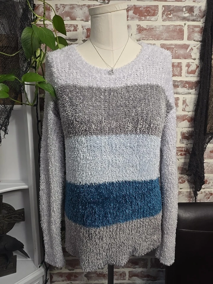 Ellen Tracy 女式毛衣,尺寸 L,蓝色灰色条纹长袖 — 第 1/4 张图片