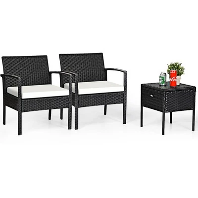 3PCS Outdoor Patio Rattan Bistro Furniture Set with Cushion & Storage Table - Image 1 of 4