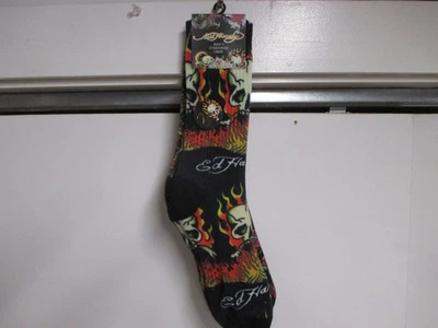 ED HARDY 男式 CUSHIONED CREW LENGTH SOCKS(2 对)全新带标签黑色带骷髅 — 第 1/4 张图片