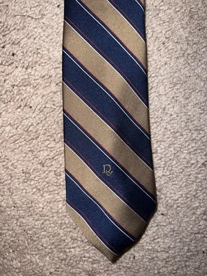 Vintage Christian Dior Navy & Red Stripe Silk Tie – Made in USA - Image 1 of 4