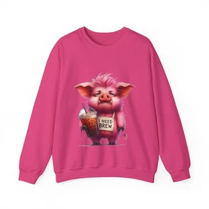 Funny Coffee Pig Sweatshirt “I Need Brew” Unisex Cozy Cute Fall Pullover - Picture 1 of 21
