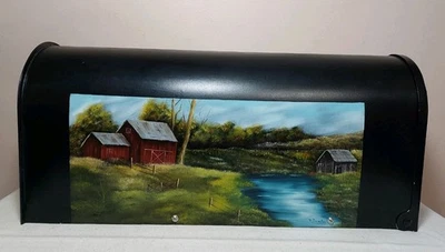 Hand Painted Barn Scene Mailbox Pole Mounted, Standard Size - Image 1 of 4