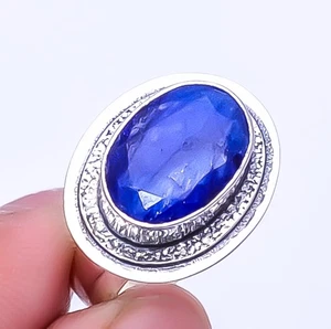 Blue Sapphire - Simulated - Dyed Quartz 925 Sterling Silver Ring s.10 Sku3 - Picture 1 of 2