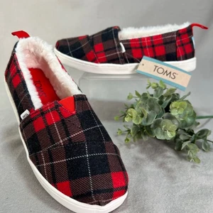 TOMS Youth Alpargata Red Tartan Plaid Faux Fur Slip On Cabin Cozy Winter Kids 4 - Picture 1 of 20