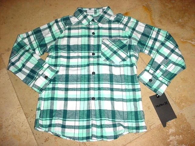 NWT HURLEY BOYS FLANNEL BUTTON FRONT LONG SLEEVE PLAID SHIRT GREEN SZ 6 $42 - Image 1 of 1