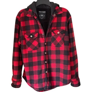 Mens Small Oversized Hooded Fleece Lined Gingham Plaid Button Up Shirt Jacket - Picture 1 of 6
