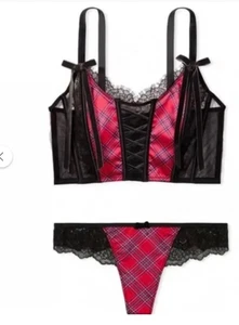 Victoria's Secret longline BRA SET CORSET TOP thong RED BLACK PLAID Small - Picture 1 of 7