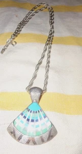 Vintage Silber und Intarsien Türkis Fächer Anhänger Signiert 925 Milan Italien Top - Bild 1 von 6