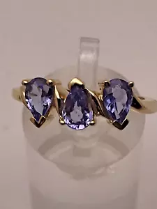 ANILLO VINTAGE DE ORO AMARILLO 14K TRES PIEDRAS TANZANITA NATURAL 1 CTW TALLA 7 - Imagen 1 de 8