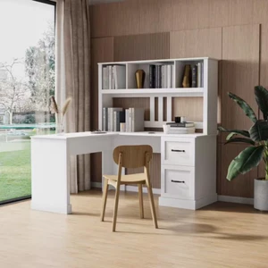 59 in. L-Shape Antiqued White Wood Home Office Desk Computer Desk Corner Writing - Picture 1 of 12