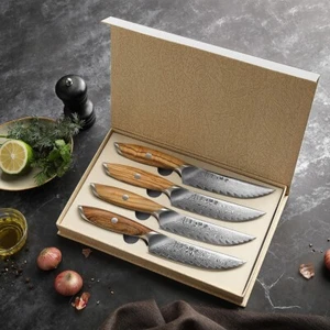 Damastmesser, Steakmesser Set, Küchenmesser, Damaszener, Olivenholz Griff - Bild 1 von 5