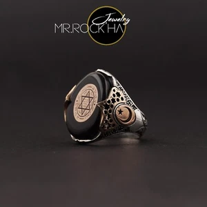 Seal of Solomon,Black Fire Amber Stone,Engraving,925 Sterling Silver Men's Ring - Picture 1 of 7
