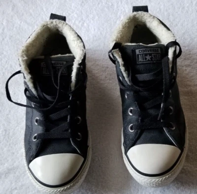Converse All Star 640547C Mid Top Leather Faux Fur Black Shoes Junior Size 4 - Image 1 of 4