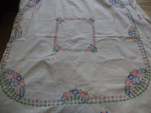 Vintage  Tablecloth Embroidered Pink Blue Flowers 47 x 49 Inches - Picture 1 of 6