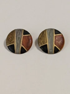 90's Vintage Stud Drop Round Multicolor Enamel Painted Earrings. 1 1/4". - Picture 1 of 14