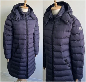 Women's MONCLER Mokacine Quilted Long Down Puffer Jacket Coat Navy 5 ~L/XL - Picture 1 of 16
