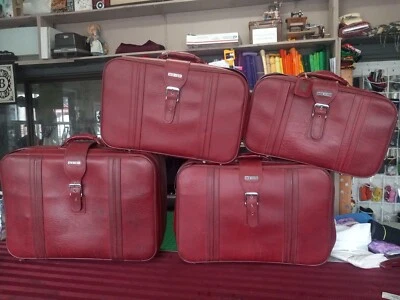 Full Set Of 4 Vintage Red/Chrome NEW VISTA Leather Suitcase - Image 1 of 4