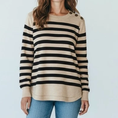 Suéter Liz Claiborne Beige Negro Rayas Botón Hombro Para Mujer 0X Cuello Redondo Foto 1 de 4