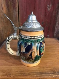 Bierstein mit Zinndeckel - Jagdszene Hirsch & Reh gemarkt West Germany.....b9 - Bild 1 von 6