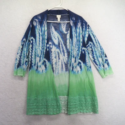 Chaqueta Chicos Grande Azul Verde Frente Abierto Boho Ribete de Encaje Ligero Kimono Foto 1 de 4