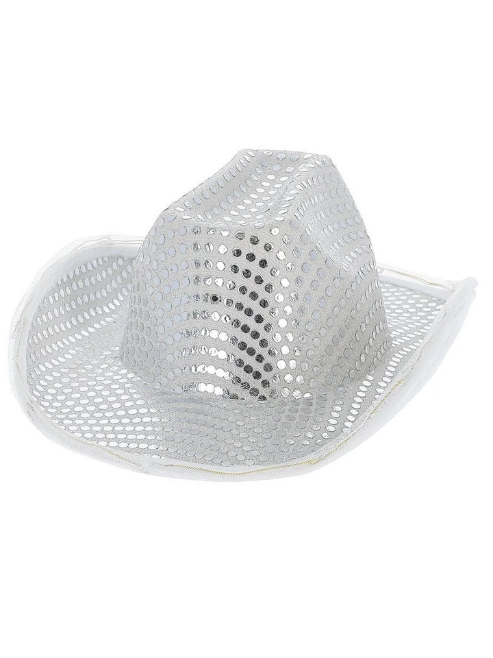 Illuminato A LED Lustrini Cowboy Cappello Argento Adulti Wild West Costume West - Immagine 1 di 1