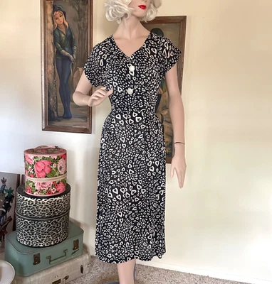 Vestido Columpio Cintura Camisa Estampado Novedad Corazones Flotantes Rayón Transparente Años 40 De Colección M Foto 1 de 4