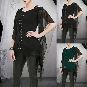 Damen Gothic PUNK Bluse Kordelzug Chiffon Glockenärmel Longtop Retro Oberteile - Bild 1 von 16