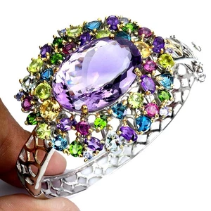 925 Sterling Silver Bangle Octagon Amethyst 55ct Topaz Handmade Gemstone 6.4in - Picture 1 of 13
