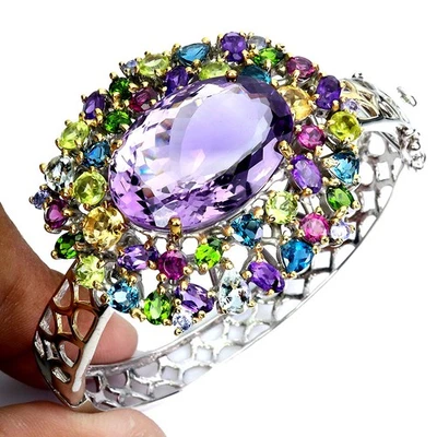 925 Sterling Silver Bangle Octagon Amethyst 55ct Topaz Handmade Gemstone 6.4in - Image 1 of 4