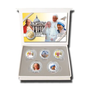 2 Euro Coloured Coin Box Set 5 Vatican Popes Teresa Benedict Francis John Paul  - Picture 1 of 9