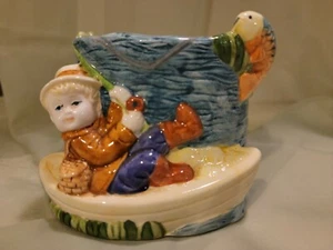 Vintage AAA Imports Inc Ceramic Flower Pot Man Fishing Boat Reeling In Fish CUTE - Picture 1 of 10