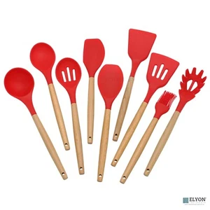 9 Piece Red Colored Silicone Kitchen Utensils Set with Wooden Handles - Picture 1 of 5