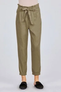 Women's Olive Tie Elastic Hem Long Linen Pants (S) - Picture 1 of 4