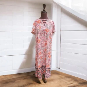J Jill Maxi Dress Floral Pink Short Sleeve NWT Keyhole Comfort Medium - Picture 1 of 8