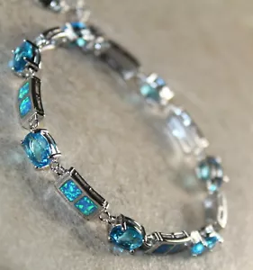 Silver Elegant Blue Fire Opal & Blue Topaz Rectangular Bracelet - Picture 1 of 2