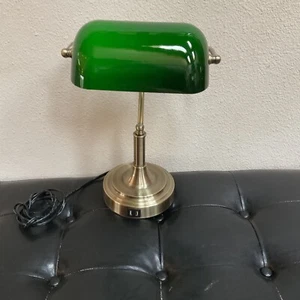 Banker's Table Lamp with 2 USB Ports, Green Table Lamp with Brass Base - Picture 1 of 4