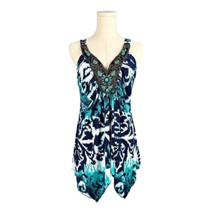 Beaded Art Deco Top S/M Fairy Asymmetric Handkerchief Hem Ikat Y2K Tribal Boho - Picture 1 of 12