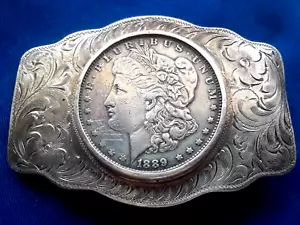 ANTQ HORSESHOE BELT BUCKLE☆U.S. 1889 LIBERTY STERLING SILVER DOLLAR☆58GR☆MINT◇A+ - Picture 1 of 8